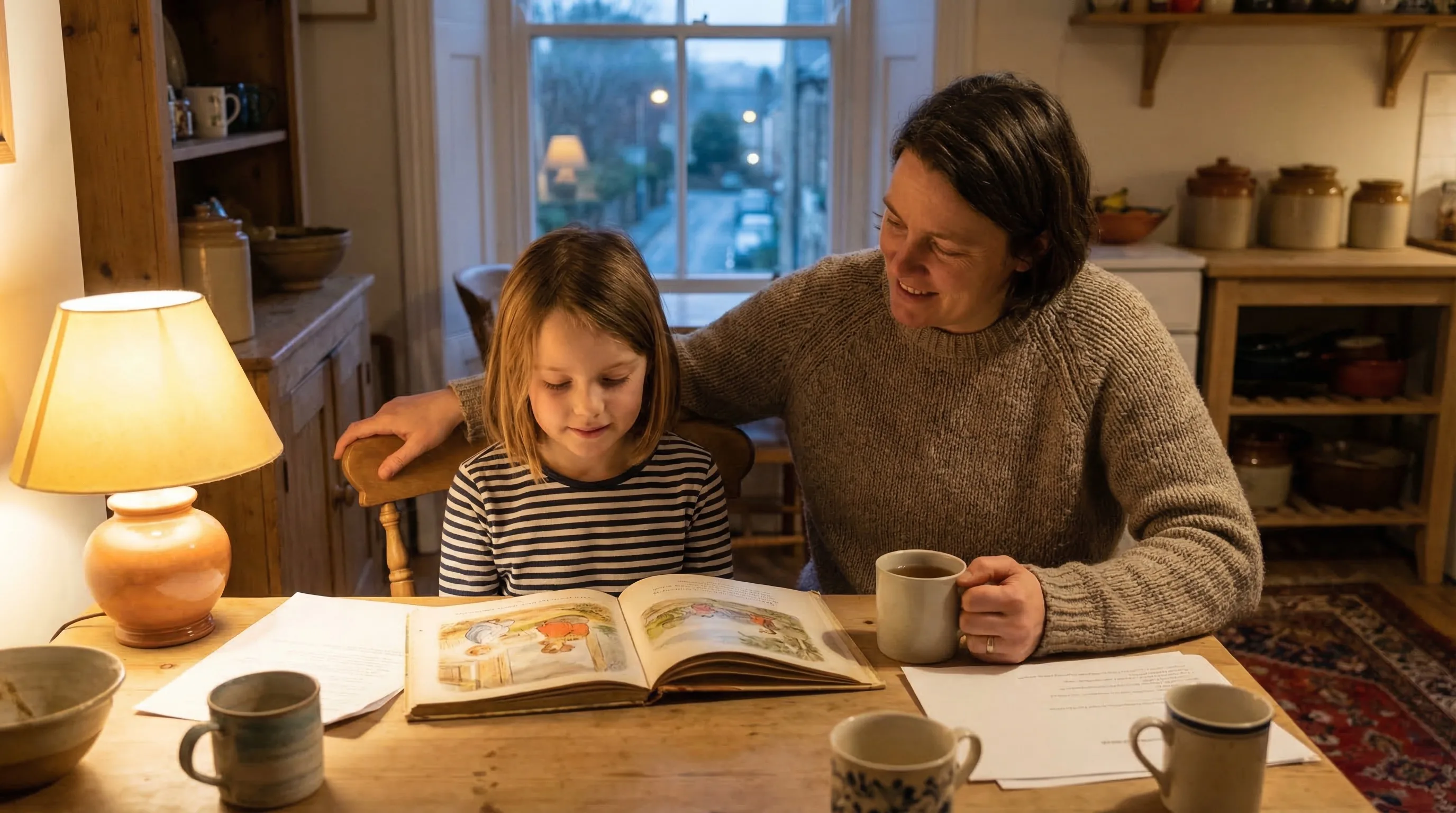 Parent and child reading together at home