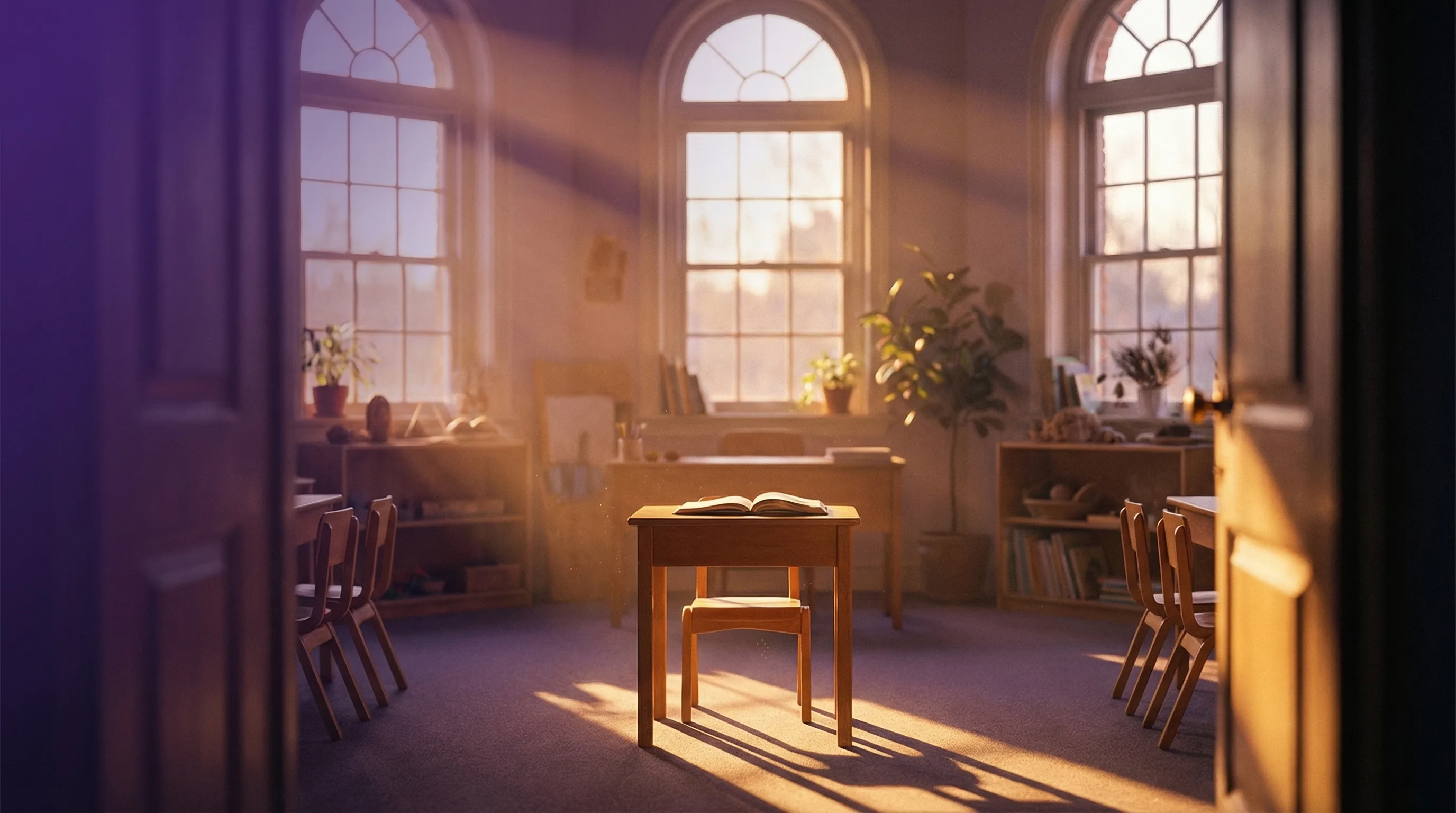 Quiet classroom at sunrise with an open book on a desk