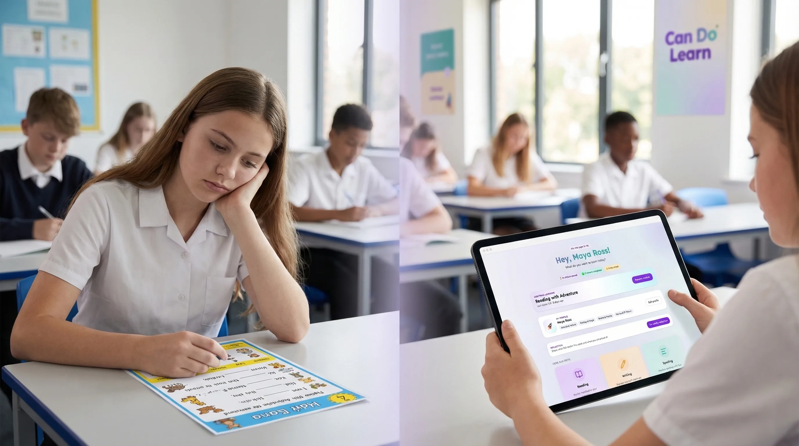 Secondary classroom scene showing age-respectful reading intervention on a tablet
